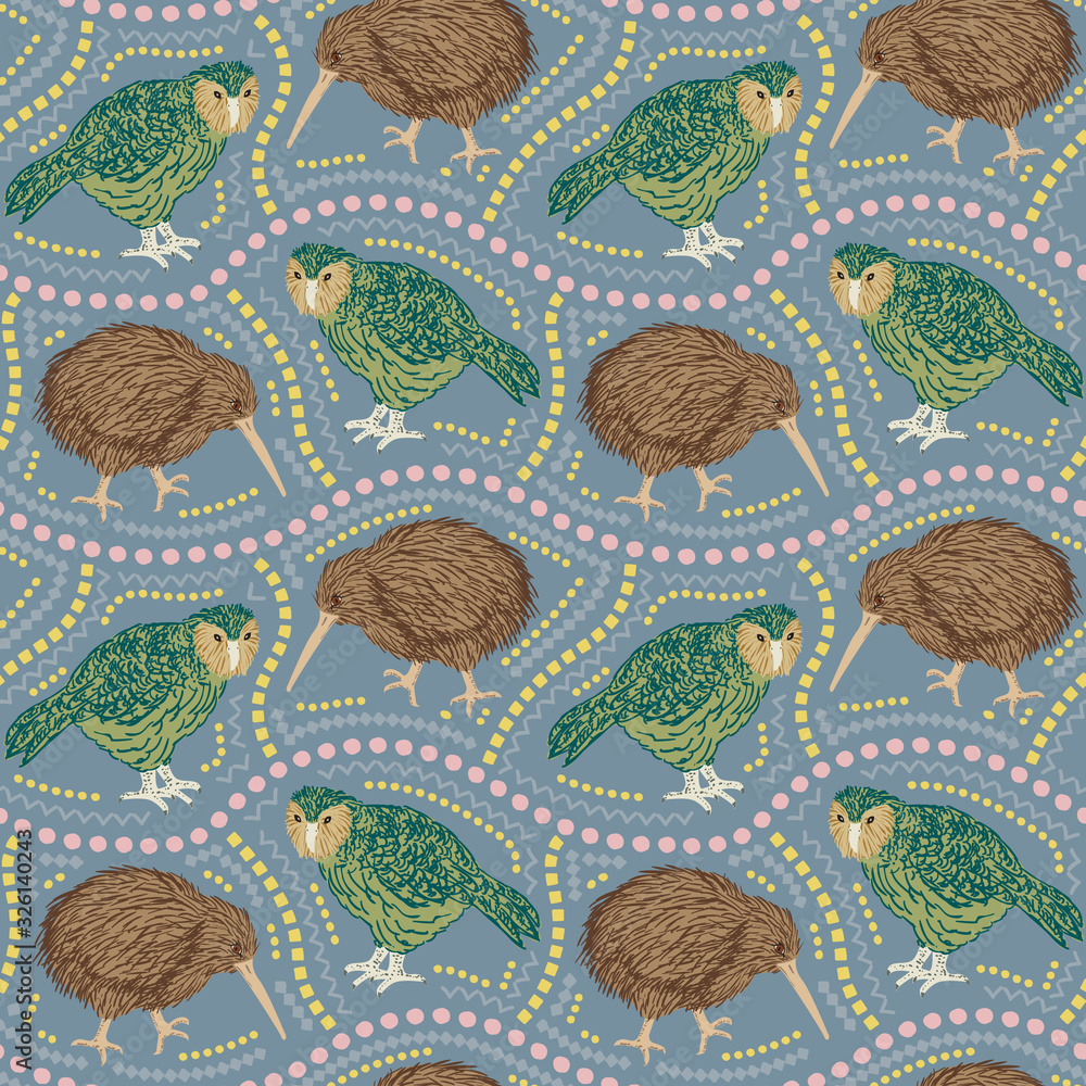 Seamless pattern of kakapo parrot and kiwi bird with ethnic ornament elements. Repetitive textile vector print, wallpaper design.