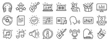 Set Of Acoustic Guitar, Musical Note, Vinyl Record Icons. Music Line Icons. Jazz Saxophone, Drums With Drumsticks, DJ Controller. Sound Check, Mic, Music Making, Electric Guitar. Musical Note. Vector