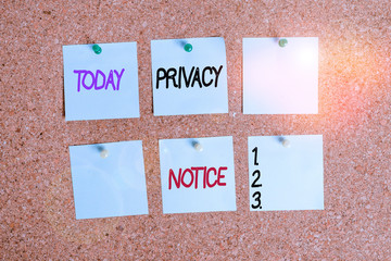 Writing note showing Privacy Notice. Business concept for fulfils a legal requirement to protect a customer or client Corkboard size paper thumbtack sheet billboard notice board