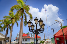 Historical Street Lamps In Colonial Style And Palm Trees In The Old Town Of Puerto Plata, Dominican Republic, Caribbean.