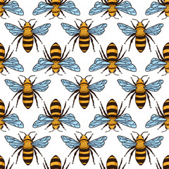 Vector seamless pattern with bees. Black and yellow texture