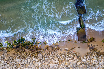 Wall Mural - Aerial top view from drone to the seacoast and old concrete pier, Sea background.