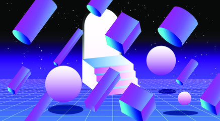 Aufkleber - Surreal retrowave and vaporwave style illustration with staircase and arch on endless laser grid.
