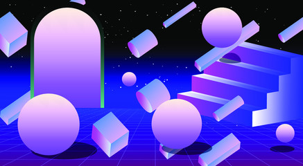 Aufkleber - Surreal retrowave and vaporwave style illustration with staircase and arch on endless laser grid.