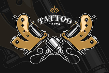 Crossed golden tattoo machine vector illustration. Tattoo studio emblem template isolated on dark background. Decorative element for your design. Applicable for t-shirt print, banner, sticker.