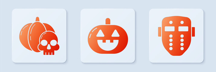 Sticker - Set Pumpkin , Pumpkin and skull and Hockey mask . White square button. Vector