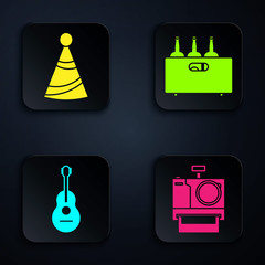 Sticker - Set Photo camera , Party hat , Guitar and Bottles of wine in a wooden box . Black square button. Vector