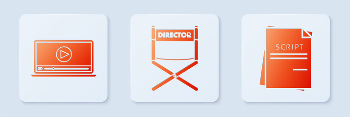 Set Director movie chair , Online play video and Scenario . White square button. Vector