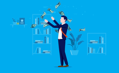 Leinwandbilder - Raining money in office - Money falling on businessman in workplace, or man throwing money in the air. Blue background. Income, salary, payday and profits concept.
