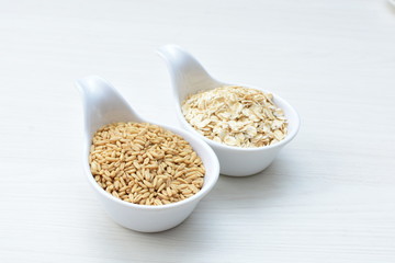 Oat grains and flakes in containers for display