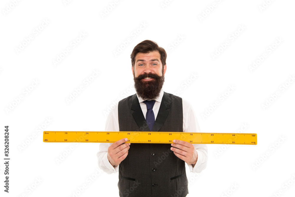 Person Keeping Distance Using A Ruler Learning metric system. School teacher. Size really matters. Man ...