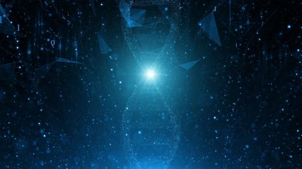 Wall Mural - blue shiny cyberspace background with dna structure rotation an many floating elements around.