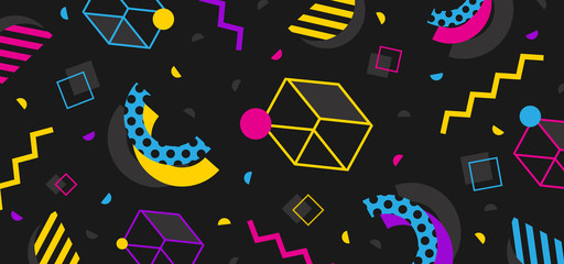 Wall Mural - background in the style of the 80s with multicolored geometric shapes on the black background. illus