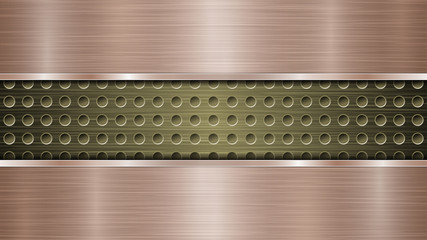 Background of golden perforated metallic surface with holes and two horizontal bronze polished plates with a metal texture, glares and shiny edges