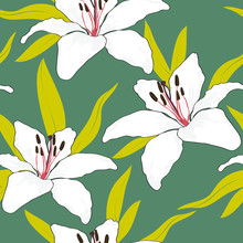 Blossom Floral Seamless Pattern. White Lily Flowers With Leaves Scattered Random. Trendy Abstract Color Vector Texture. Good For Fashion Prints, Fabric, Design. Hand Drawn Flowers On Grey Background