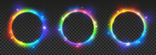 Set Of Bright Rainbow Neon Circles With Transparent Effects - Vector Shiny Round Frames For Your Design