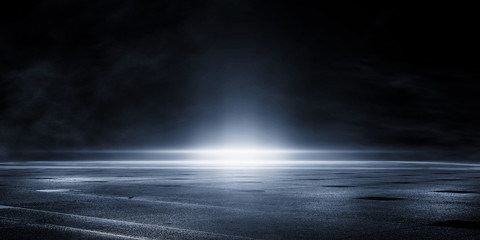 3D rendering wet asphalt reflection of neon lights and smoke on black background
