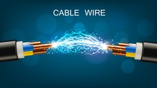 Electrical cable with copper wires, power equipment of energy industry. Vector realistic cable break or disconnect with electric discharge and sparks between stripped conductors