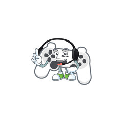 Wall Mural - Sweet white joystick cartoon character design speaking on a headphone