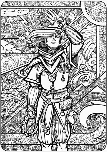 Cuadros en Lienzo Coloring book for adults, a young optimistic guy jester in a beautiful suit, covers his face with his hand from the sun, behind him the elements are raging, personifies the tarro card Jester