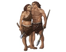 Full Color Illustration Of Neanderthal Couple Wearing Animal Skin Clothes And Holding Stone Age Hunting Tools