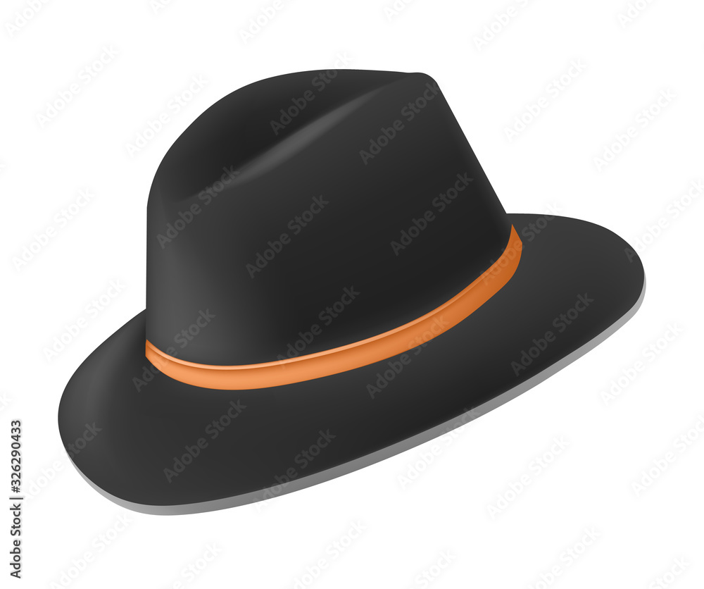 Black fedora hat with tan leather band side view - obrazy, fototapety, plakaty 