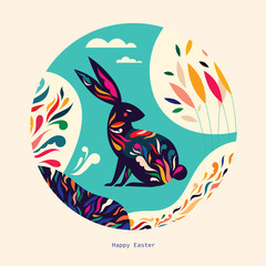 Wall Mural - Colorful illustration with hare. Happy easter greeting card with decorative easter bunny	