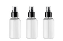 Three Spray Bottles For Cosmetics Product With Transparent Liquid  Isolated On White Background, Mock Up For Branding, Advertising, Design.