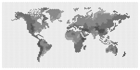 flat pixel dots world map with atlantic ocean in the design of points dots of hexagons. planet earth