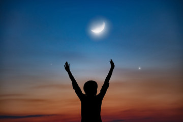 Wall Mural - woman enjoying starry night with arms wide open.