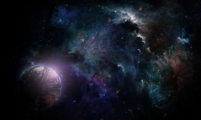  abstract space illustration, 3d image, planet earth in the colored light of a star nebula