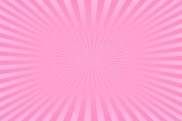 Pink rose light burst background with sunbeams. Invitation card template (party birthday invite). Comic retro circus poster BG. Baby girl. Backstage banner. Trendy stripes sun. Sweet romantic pop art