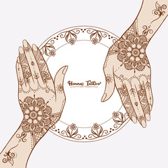Wall Mural - Female hands with traditional indian henna tattoo. Template for tottoo salon banner, wedding invitation, gift voucher, label. Vector illustration.