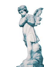Angel Cherub Stone Statue Memorial Grave Headstone Isolated On A White Background.  With Colour Toning