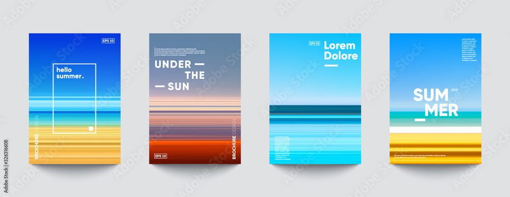 Summer backgrounds set. Creative gradients in summer colors. Ocean horizon, beach and sunsets.  - obrazy, fototapety, plakaty 