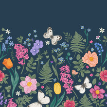 Seamless Border With Spring Flowers.