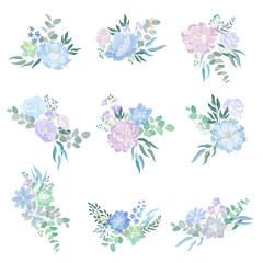  Tender Floral Composition with Blue Flowers and Twigs Vector Set