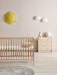 Wooden baby room style with bed, crib and cabinet style.
