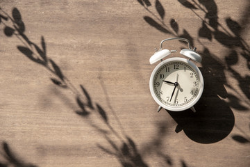 Wall Mural - Vintage alarm clock with shadow leaves  on wooden background. Deadline or start time top view background with copy space