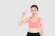 © NT_studio - Beautiful portrait young asian woman in sport clothes with satisfied and confident gesture finger v sign isolated on white background, asia girl have shape and wellness, exercise for fit with health.