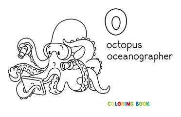 Wall Mural - Octopus oceanographer ABC coloring book Alphabet O