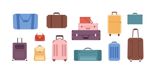 Cartoon colored baggage bag set isolated on white background. Different plastic, metal and leather luggage vector flat illustration. Various travel suitcase, business bags and backpack