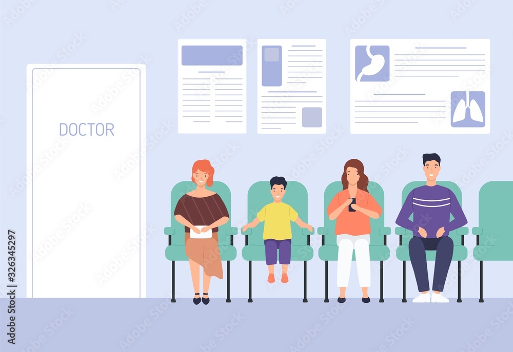 Smiling cartoon people sitting on chairs waiting doctor appointment at hospital vector flat illustration. Man, woman and child at modern clinic. Colorful visitors at physician office - obrazy, fototapety, plakaty 