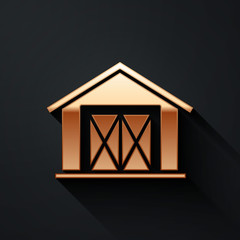 Gold Farm house icon isolated on black background. Long shadow style. Vector Illustration