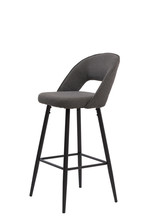 Gray Textilebar Stool Isolated On White Background. Modern Gray Bar Chair Front View. Soft Comfortable Upholstered Tall Chair. Interrior Furniture Element.