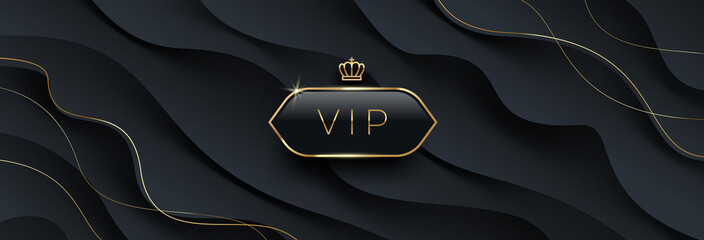 Canvas Print - Vip black glass label with golden crown and frame on a black abstract layered  background. Premium design. Luxury template design. Vector illustration. Can be used for invitation, greeting, ticket.