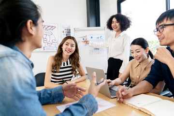 Asian business employee team brainstorming and workshop at meeting room modern workplace.Happy asia creative teamwork group thinking and working together with startup project.Workshop together concept