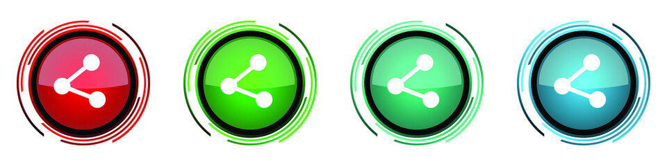 Aufkleber - Share round glossy vector icons, set of buttons for webdesign, internet and mobile phone applications in four colors options isolated on white background.