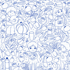 Vector pattern with children eating healthy food. Fruits and vegetables. Kids like milk, dairy products. Pattern for store, mall, menu, cafe, restaurants.