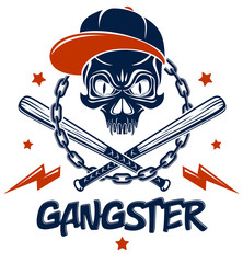 Wall Mural - Criminal tattoo ,gang emblem or logo with aggressive skull baseball bats and other weapons and design elements, vector, bandit ghetto vintage style, gangster anarchy or mafia theme.